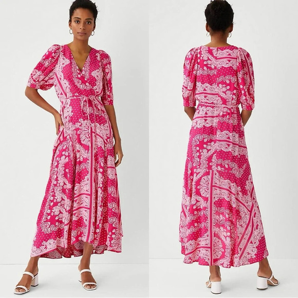 Ann Taylor Bandana Paisley Wrap Maxi Dress V-Neck Shortsleeve Hi-Low Pink Boho 8 - Picture 1 of 15